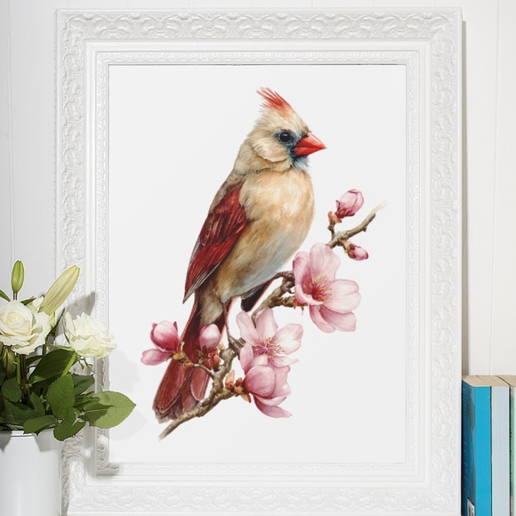 Watercolor Female Cardinal Bird with Flowers Wall Art Print Unframed - Picture 6 of 7